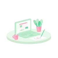 mesa com laptop, xícara de café e vaso de flores. ilustração do local de trabalho freelancer em estilo simples. vetor