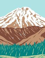 vulcão de reduto ou reduto de monte na faixa aleutiana amplamente vulcânica do Alasca, arte de pôster wpa vetor