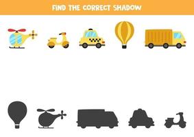 encontre a sombra correta dos veículos. quebra-cabeça lógico para crianças. vetor