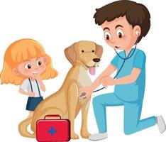 médico veterinário e cachorro em fundo branco vetor
