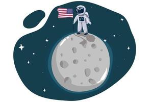 fofa pequeno astronauta ficar de pé em a lua com EUA flag.space missão. infantil vetor ilustração.