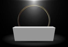 Renderização 3D realista em preto produto prateleira em pé cenário com círculo dourado em branco pedestal branco display pódio em fundo escuro vetor