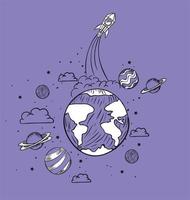 foguete desenhado à mão e doodle de planetas