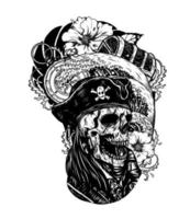 crânio de pirata com desenho de mão de tatuagem de vetor de navio.
