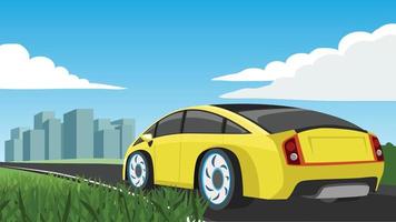 vetor desenho animado panorama do asfalto estrada em Largo aberto campo. amarelo passageiro carro elétrico veículo drives frente para a cidade. fundo debaixo azul céu com livre espaço. e separado camadas.