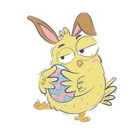 engraçado pintinho com Coelho orelhas abraçando a Páscoa ovo vetor