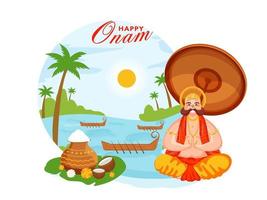 felicidade rei Mahabali fazendo namaste sentado perto rio com aranmula barcos, grão lama panelas e cocos em Sol natureza fundo para feliz onam celebração. vetor