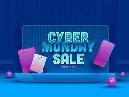 cyber Segunda-feira venda poster Projeto com computador portátil, Smartphone, compras bolsas e bolas em lustroso azul fundo.