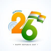 Dia 26 janeiro texto com ondulado indiano bandeira em branco fundo para feliz república dia celebração. vetor