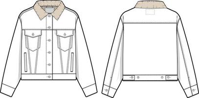 mulheres cortada Sherpa jeans Jaqueta caminhoneiro vetor plano técnico desenhando ilustração brincar modelo para Projeto e tecnologia pacotes moda cafajeste streetwear moda marca Projeto recurso Arquivo magro.