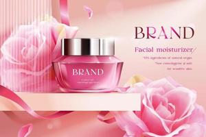 3d rosa facial Cosmético de Anúncios modelo, produtos brincar exibido em etapa com ampla Rosa rosas, fita e vidro muro. vetor
