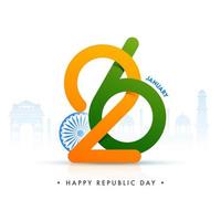 janeiro do Dia 26 número com ashoka roda e Índia famoso monumentos em branco fundo para feliz república dia. vetor