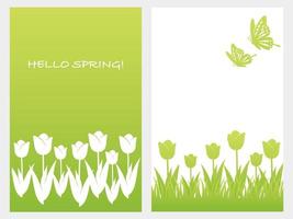 conjunto de ilustração vetorial de fundo de primavera com tulipas, borboletas e espaço de texto isolado vetor