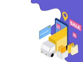 isométrico ilustração do conectados Entrega rastreamento aplicativo dentro Smartphone a partir de caminhão com Forma de pagamento cartão, parcela caixas e levar bolsas para oferta. vetor