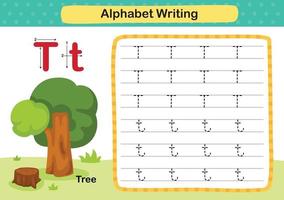 letra do alfabeto t-tree exercício com ilustração de vocabulário de desenho animado vetor