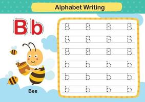 Exercício de abelha de letra do alfabeto com ilustração de vocabulário de desenho animado, vetor