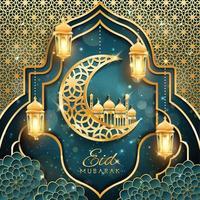 eid mubarak com lua crescente e conceito de mesquita vetor