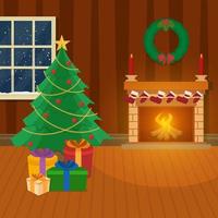 decorativo natal árvore com 3d presente caixas, guirlanda e lareira em Castanho interior Visão fundo. vetor