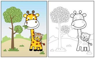 pequeno tigre com girafa dentro floresta, vetor desenho animado ilustração, coloração página ou livro