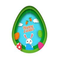 papel cortar estilo ovo forma fundo com desenho animado Coelho segurando impresso ovos e cenouras para feliz Páscoa celebração conceito. vetor