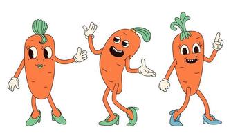 groovy hippie feliz Páscoa personagens. conjunto do Páscoa cenoura dentro na moda retro anos 60 Anos 70 desenho animado estilo. vetor