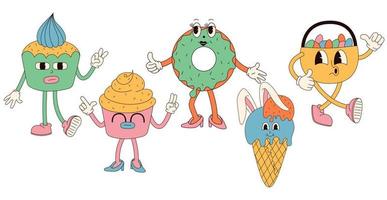 groovy hippie feliz Páscoa personagens. Páscoa pão, gelo creme, ovo cesta dentro na moda retro anos 60 Anos 70 desenho animado estilo. vetor