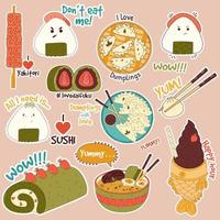 tradicional japonês Comida stikers. ásia yakitori espetos, ramen, dumplings, taiyaki, matcha bolo rolar, shabu shabu, onigiri, wonton, daifuku. vetor ilustração