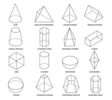 linha isométrico formas. simples geométrico formulários para escola Aprendendo e logotipo Projeto. cilindro, prisma e pirâmide, cone e esfera 3d vetor matemática conjunto