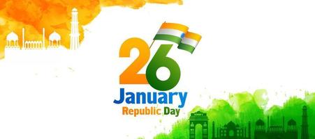 Dia 26 janeiro república dia texto com indiano bandeira, açafrão e verde aguarela efeito famoso monumentos em branco fundo. vetor