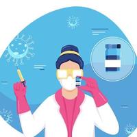 virologista ou cientista mulher pesquisando vacina em azul e branco fundo para covid-19 doença. vetor