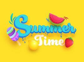 estação Tempo do verão gotejamento Fonte com realista Melancia fatiar, limão, morango e gelo creme em amarelo fundo. vetor