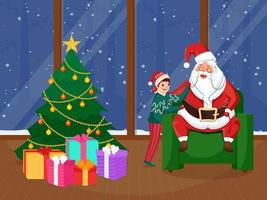 alegre santa claus sentado em sofá perto desenho animado garoto, presente caixas e decorativo natal árvore dentro interior visualizar. vetor