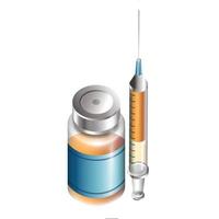 lustroso 3d vacina garrafa com uma seringa em branco fundo. vetor