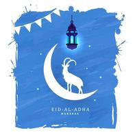 eid-al-adha Mubarak texto com silhueta crescente lua, bode e suspensão iluminado lanterna em azul abstrato grunge fundo. vetor