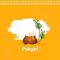 feliz pongal celebração poster Projeto com arroz lama Panela, cana de açúcar e branco escova acidente vascular encefálico em amarelo fundo. vetor