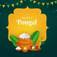 ilustração do arroz lama Panela com frutas, banana folhas, cana de açúcar, aceso óleo luminária em amarelo e verde fundo para feliz pongal. vetor