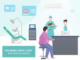 social distanciar dentro Novo normal dental clínica Sediada poster Projeto com médico equipe e paciente vestem médico mascarar para evita a partir de coronavírus. vetor