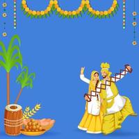 punjabi casal dançando com sapeca instrumento, dhol, trigo ouvidos, cana de açúcar e doce tigela em azul fundo. vetor