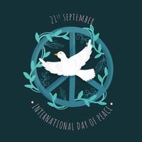 Paz símbolo decorado com folhas e vôo pomba em verde fundo para 21 setembro. vetor