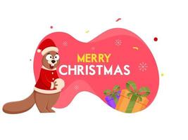 desenho animado esquilo segurando bola de neve com vestem santa roupas e presente caixas em vermelho e branco fundo para alegre Natal celebração. vetor