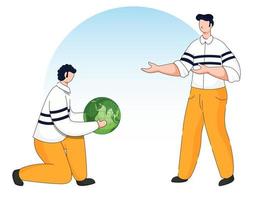 desenho animado homem segurando verde globo com de outros pessoa ficar de pé em azul e branco fundo. vetor