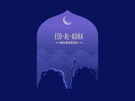 eid-al-adha Mubarak texto com silhueta dois ovelha mostrando crescente lua a partir de mão em azul fundo. vetor