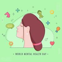mundo mental saúde dia poster Projeto com mulher face personagem em verde fundo. vetor
