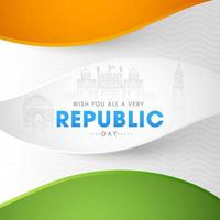 desejo você todos uma muito república dia texto com desenhando Índia famoso monumentos em tricolor ondulado fundo. vetor