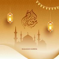 árabe caligrafia do Ramadã kareem com suspensão iluminado lanternas e mesquita em dourado árabe padronizar fundo. vetor