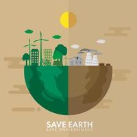 metade terra do verde ou eco e poluição cidade para Salve  meio Ambiente conceito. vetor