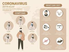 humano mostrando coronavírus sintomas com prevenção dicas em mundo mapa bege fundo para 2019-nCoV. vetor