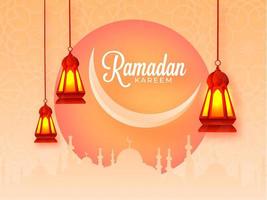 Ramadã kareem celebração conceito com crescente lua, silhueta mesquita e suspensão iluminado lanternas em luz laranja árabe padronizar fundo. vetor
