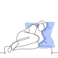 homem dentro uma fetal posição mentiras em uma curto sofá com uma travesseiro debaixo dele cabeça - 1 linha desenhando vetor. conceito conforto sozinho vetor
