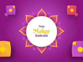 feliz Makar Sankranti celebração poster Projeto com colorida pipas em roxa fundo. vetor